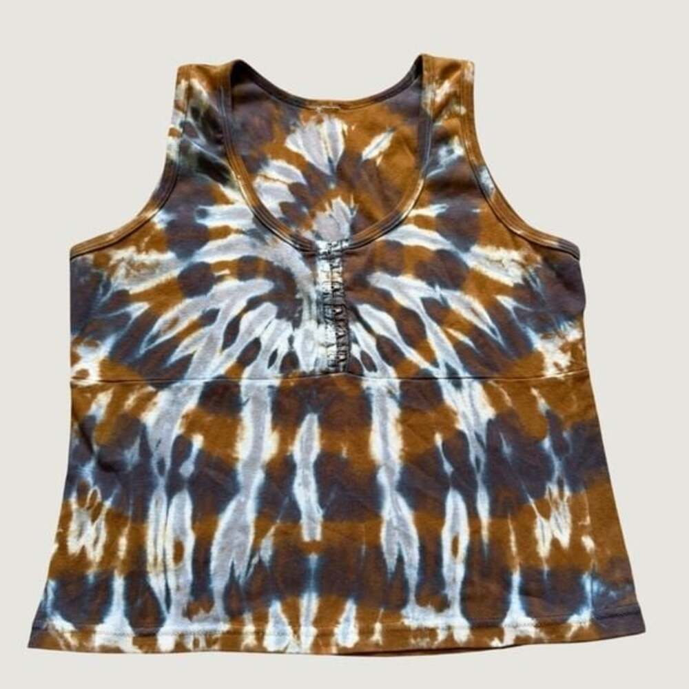 Brown‎ Blue Tie Dye Hook and Eye Ribbed Scoop Neck Tank Top Womens L